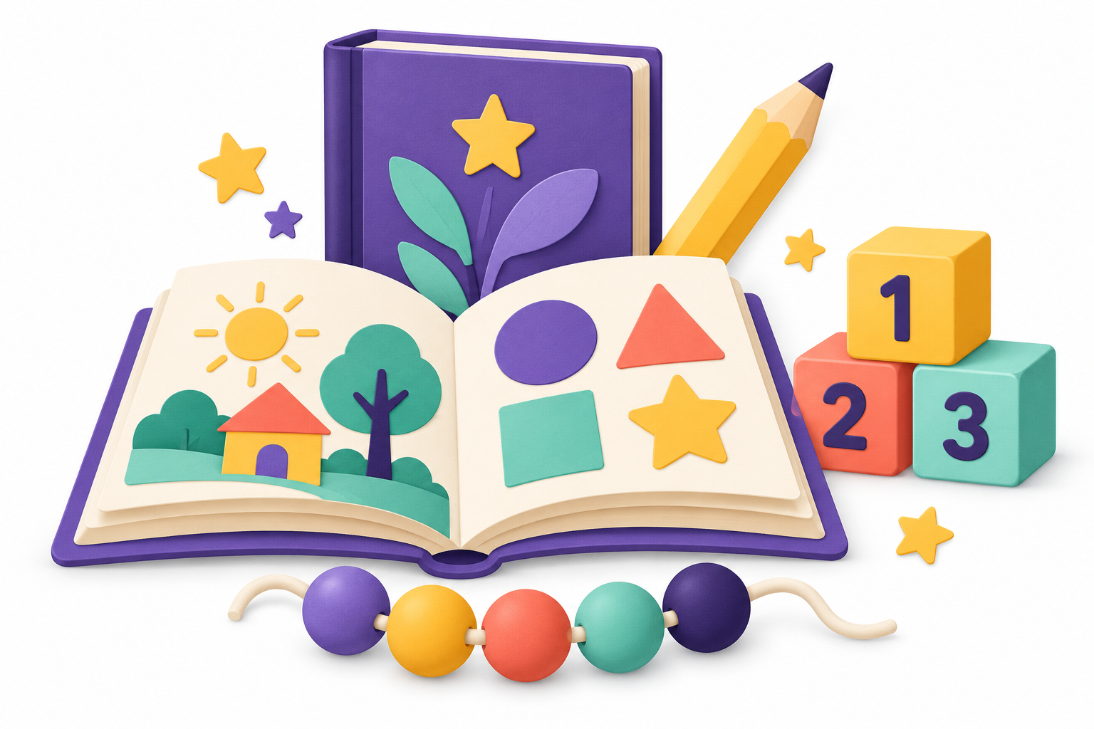Books, a pencil, counting blocks and beads