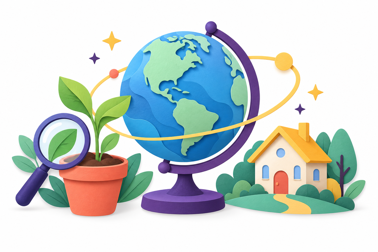 A globe, seedling, magnifying glass and community house